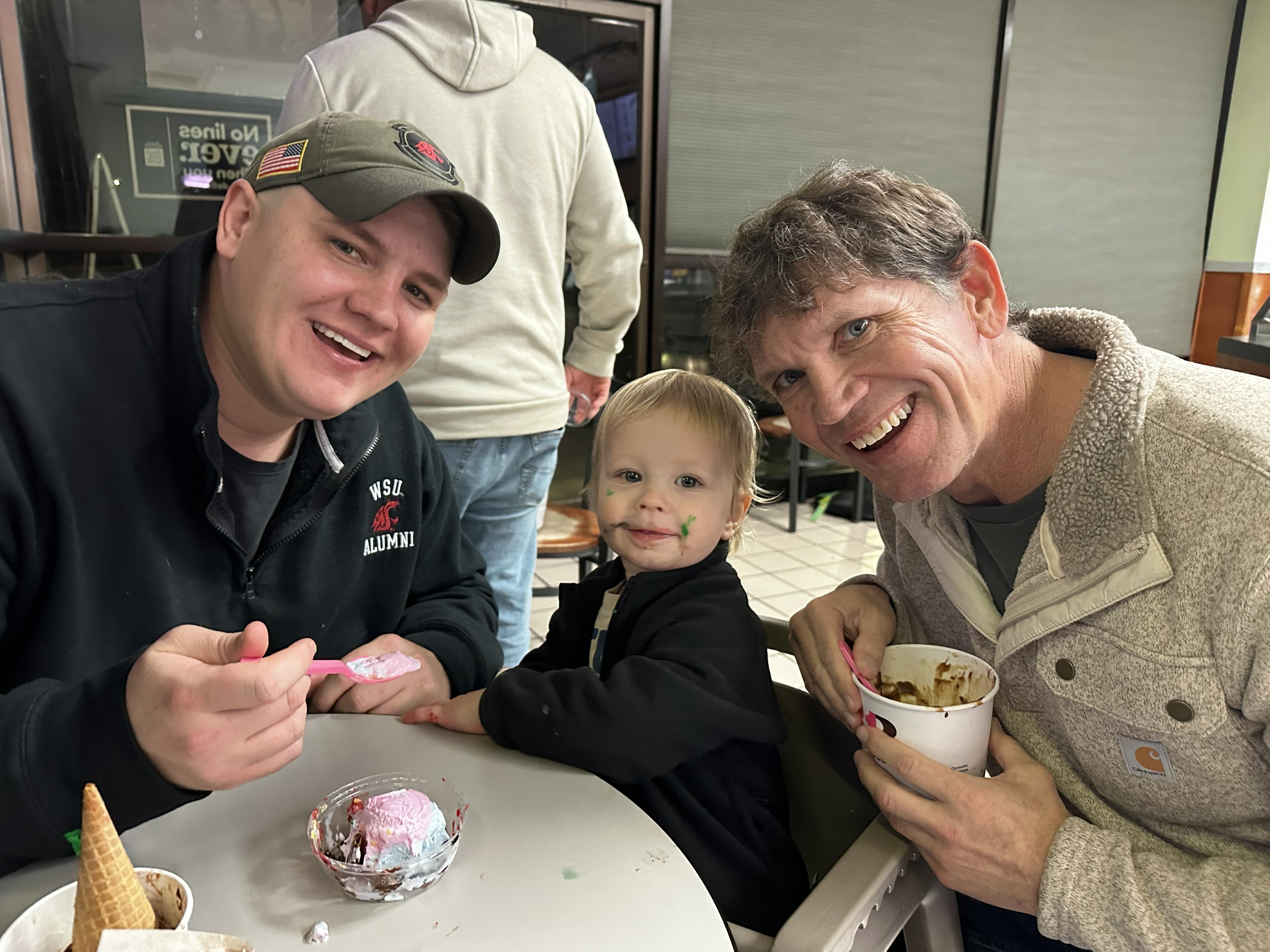 Jason David Newton, his son, and grandfather enjoying ice cream in Moses Lake, Washington